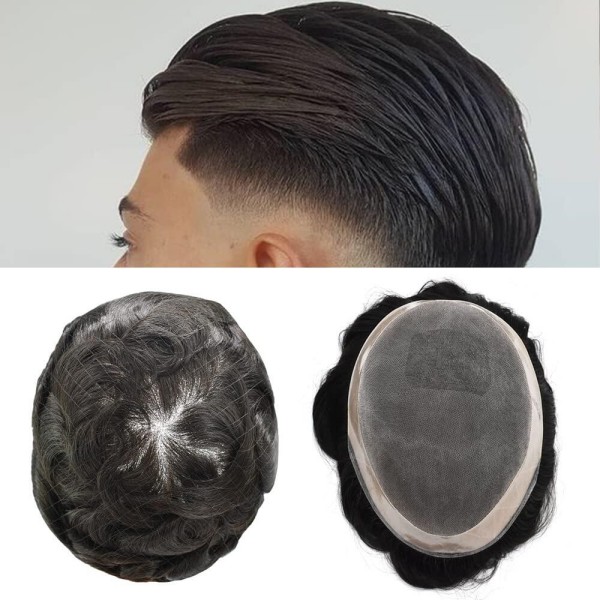 (New)  Mens Toupee Swiss Lace Poly Skin NPU Perimeter 120% Medium Density Replacement Hair System 100% Human Hair Natural Hairline