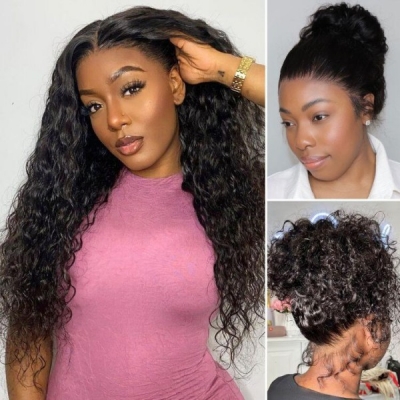 180% Density Water Wave 360 Lace Frontal Wigs Ponytail Wig HD Lace & Transparent Lace Human Hair 4C Curly Hairline