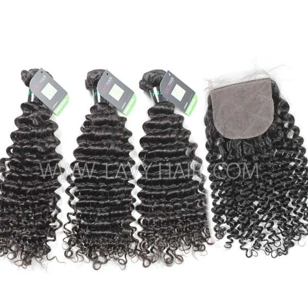 Regular Grade mix 3 bundles with silk base closure 4*4" Peruvian Deep Curly Virgin Human hair extensions