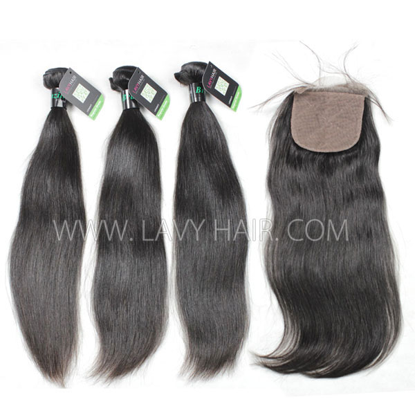 Regular Grade mix 4 bundles with silk base closure 4*4" Brazilian Straight Virgin Human hair extensions