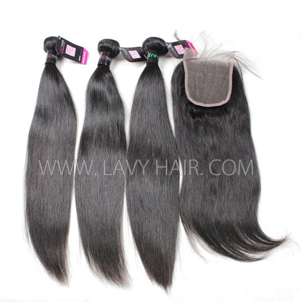 Superior Grade 3/4 bundles with 4*4 lace closure Straight Virgin Human hair Brazilian Peruvian Malaysian Indian European Cambodian Burmese Mongolian