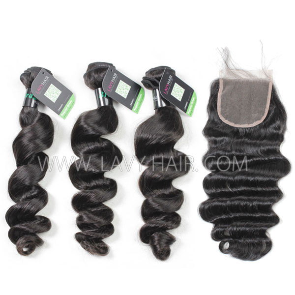 Regular Grade mix 3 bundles with lace closure Brazilian Loose Wave Virgin Human hair extensions