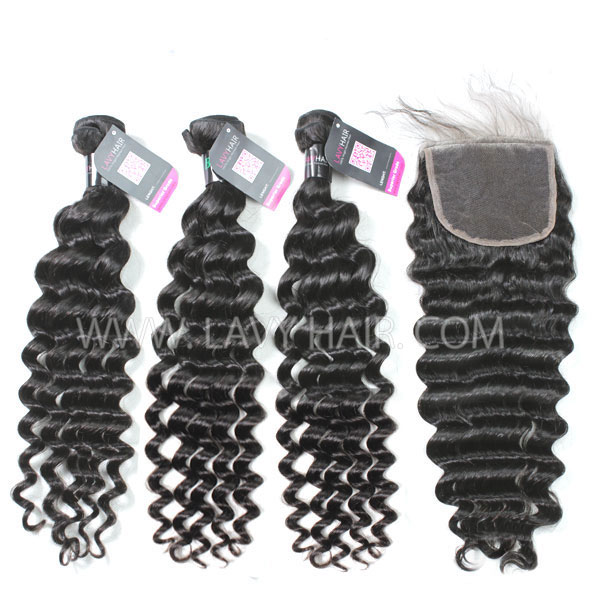 Superior Grade 3/4 bundles with 4*4 lace closure Deep wave Virgin Human hair Brazilian Peruvian Malaysian Indian European Cambodian Burmese Mongolian