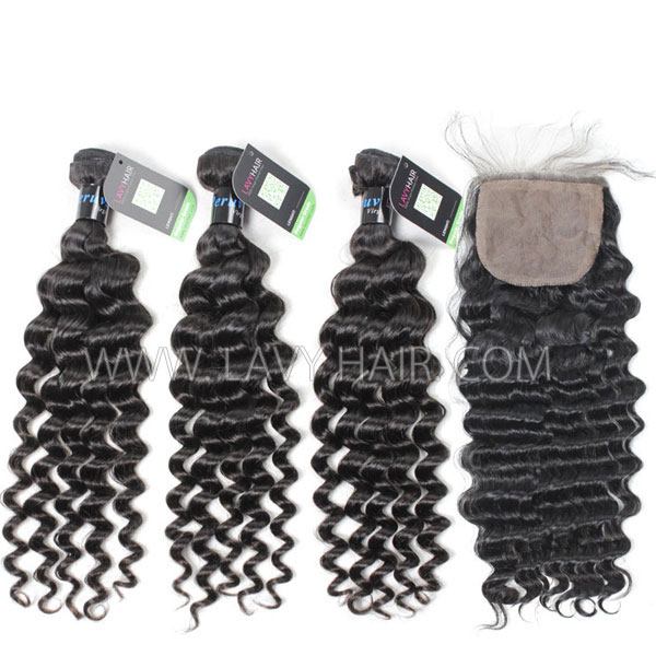 Regular Grade mix 4 bundles with silk base closure 4*4" Peruvian Deep wave Virgin Human hair extensions