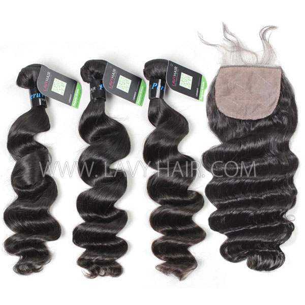 Regular Grade mix 3 bundles with silk base closure 4*4" Peruvian loose wave Virgin Human hair extensions