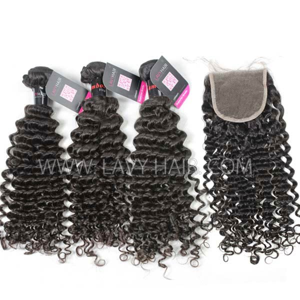 Superior Grade mix 4 bundles with lace closure Cambodian deep curly Virgin Human hair extensions