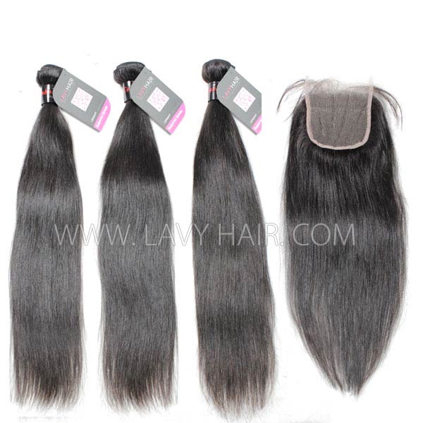 Superior Grade mix 4 bundles with lace closure Cambodian Straight Virgin Human hair extensions
