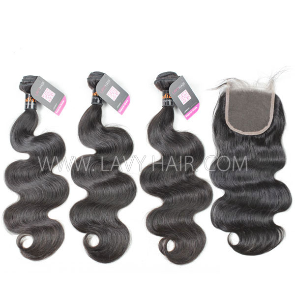 Superior Grade mix 3 bundles with lace closure Indian Body wave Virgin Human hair extensions