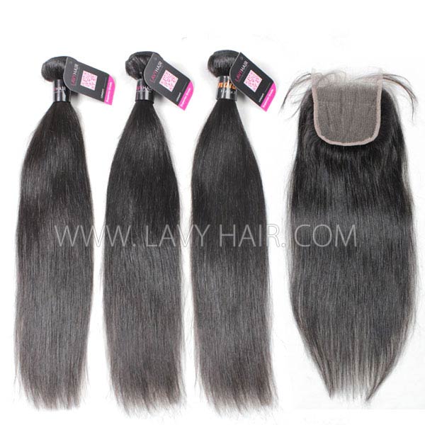 Superior Grade mix 3 bundles with lace closure Indian Straight Virgin Human hair extensions