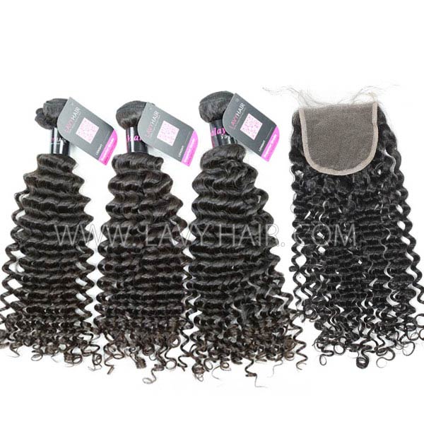 Superior Grade mix 3 bundles with lace closure Malaysian deep curly Virgin Human hair extensions