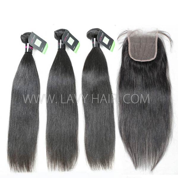 Regular Grade mix 4 bundles with lace closure Malaysian Straight Virgin Human hair extensions