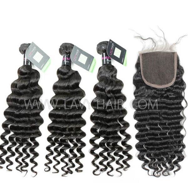 Regular Grade mix 3 bundles with lace closure Malaysian Deep wave Virgin Human hair extensions