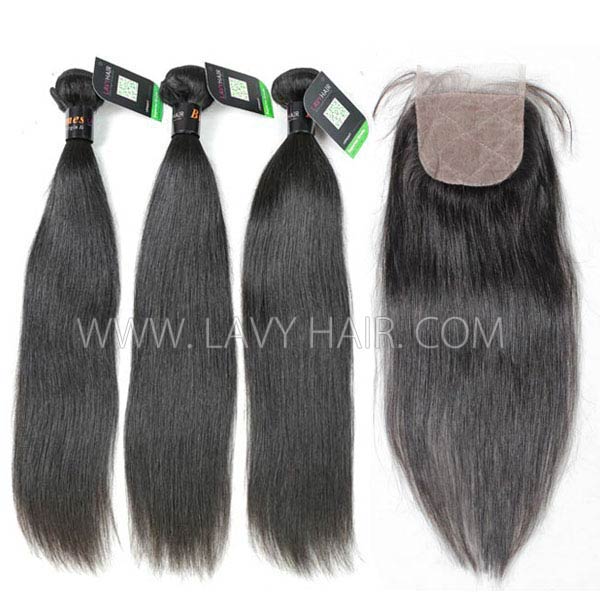 Regular Grade mix 4 bundles with silk base closure 4*4" Burmese Straight Virgin Human hair extensions