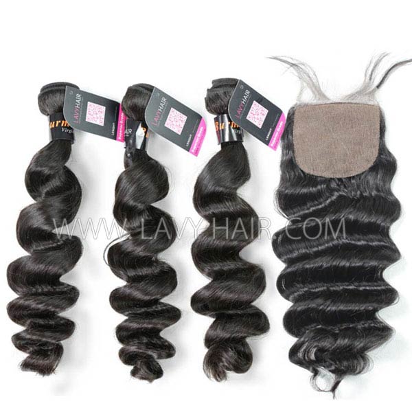 Superior Grade mix 4 bundles with silk base closure 4*4" Burmese loose wave Virgin Human hair extensions