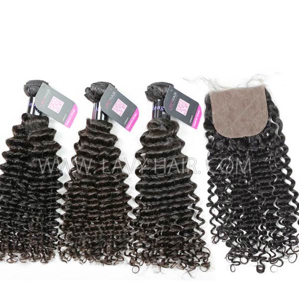 Superior Grade mix 3 bundles with silk base closure 4*4" Mongolian Deep Curly Virgin Human hair extensions