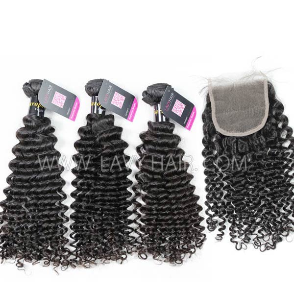 Superior Grade mix 4 bundles with lace closure European deep curly Virgin Human hair extensions