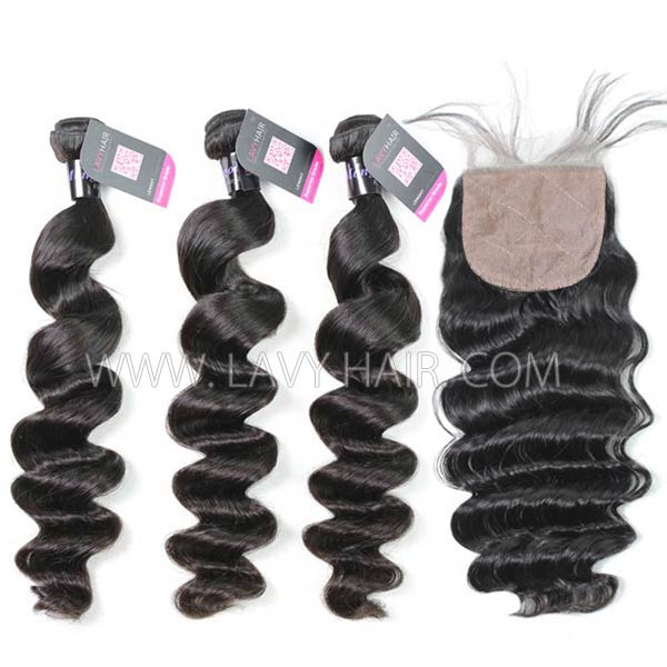Superior Grade mix 4 bundles with silk base closure 4*4" Mongolian Loose Wave Virgin Human Hair Extensions