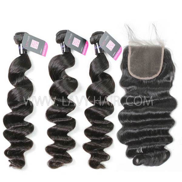 Superior Grade mix 3 bundles with lace closure Mongolian loose wave Virgin Human hair extensions