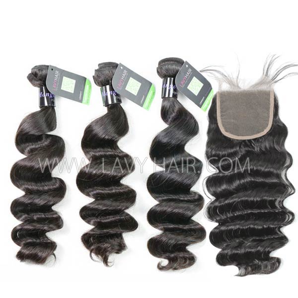 Regular Grade mix 3 bundles with lace closure Mongolian Loose Wave Virgin Human hair extensions