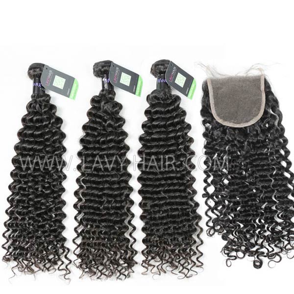 Regular Grade mix 3 bundles with lace closure Mongolian Deep Curly Virgin Human hair extensions