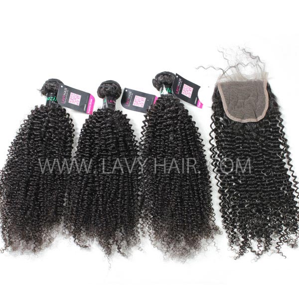 Superior Grade 3/4 bundles with 4*4 lace closure Brazilian Kinky Curly Hair Brazilian Peruvian Malaysian Indian European Cambodian Burmese Mongolian