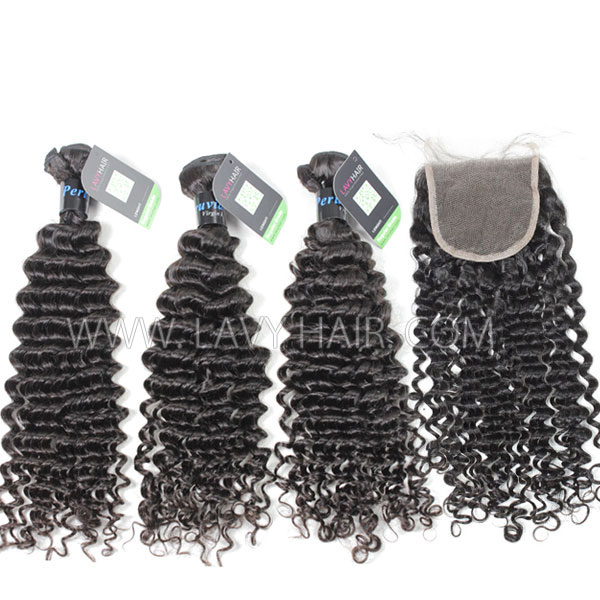 Regular Grade mix 4 bundles with lace closure Brazilian Deep Curly Virgin Human hair extensions