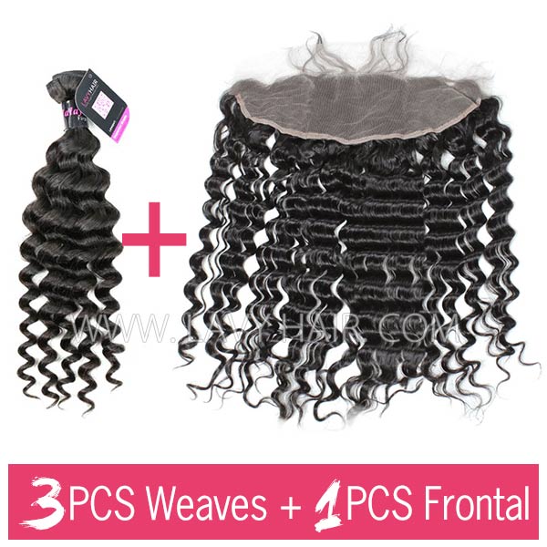 Superior Grade mix 3 bundles with 13*4 lace frontal closure Malaysian Deep Wave Virgin Human Hair Extensions