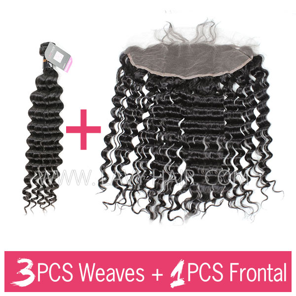 Superior Grade mix 3 bundles with 13*4 lace frontal closoure Burmese Deep Wave Virgin Human Hair Extensions