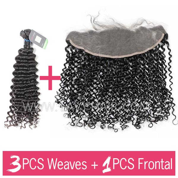 Regular Grade mix 3 bundles with 13*4 lace frontal closure Peruvian Deep Curly Virgin Human hair extensions