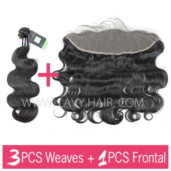 Regular Grade mix 3 bundles with 13*4 lace frontal closure Malaysian Body wave Virgin Human hair extensions