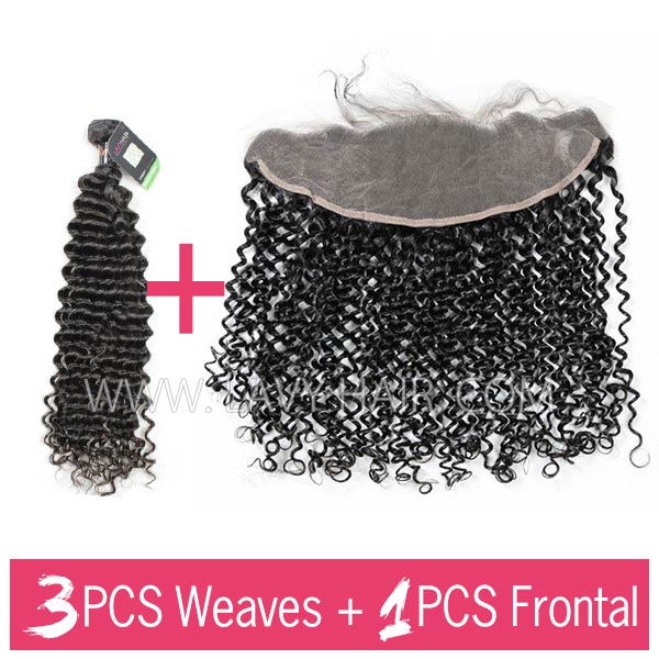 Regular Grade mix 3 bundles with 13*4 lace frontal closure Indian Deep Curly Virgin Human hair extensions