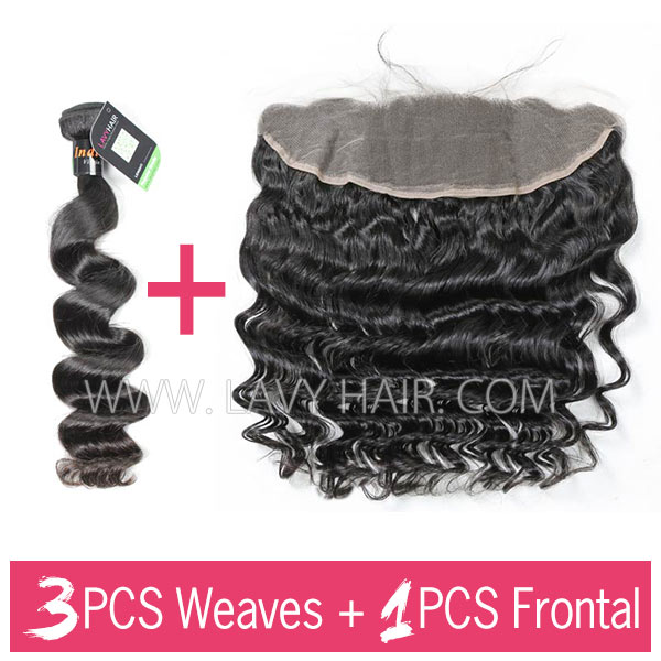 Regular Grade mix 3 bundles with 13*4 lace frontal closure Indian Loose wave Virgin Human hair extensions