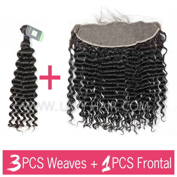 Regular Grade mix 3 bundles with 13*4 lace frontal closure Mongolian Deep Wave Virgin Human hair extensions