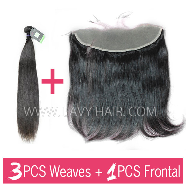 Regular Grade mix 3 bundles with 13*4 lace frontal closure Mongolian Straight Virgin Human hair extensions