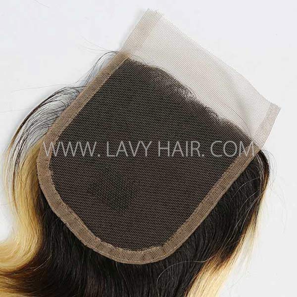 Lace top closure 4*4" body wave Straight #1B/613 Human hair medium brown Swiss lace