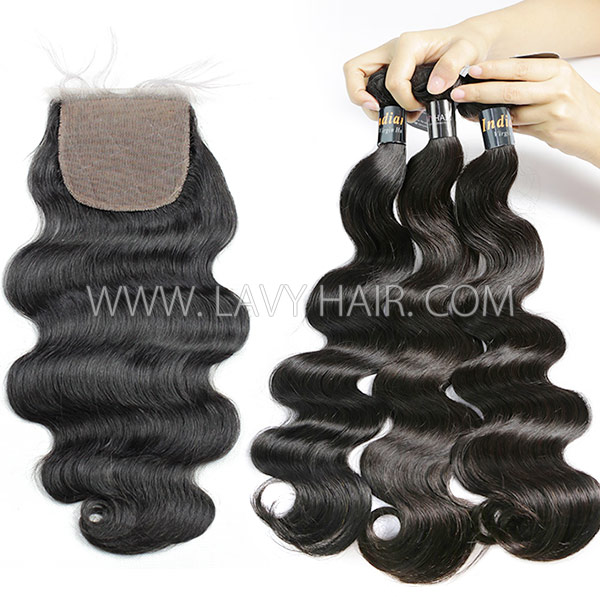Superior Grade mix 3 bundles with silk base closure 4*4" Indian Body wave Virgin Human hair extensions
