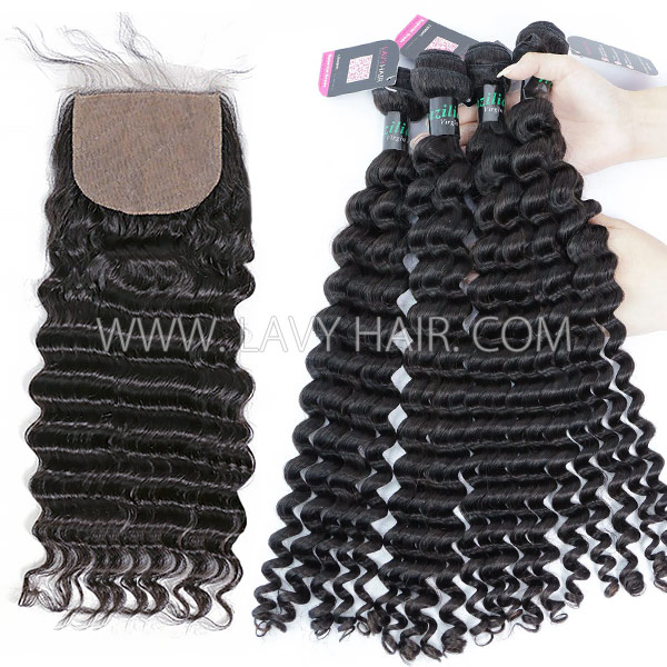 Superior Grade 3 bundles with silk base closure 4*4" Deep wave Virgin hair Brazilian Peruvian Malaysian Indian European Cambodian Burmese Mongolian