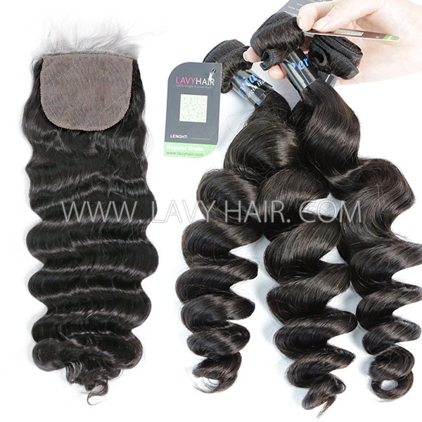 Regular Grade mix 3 bundles with silk base closure 4*4" Peruvian loose wave Virgin Human hair extensions