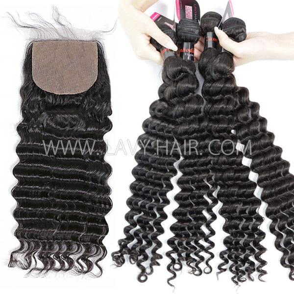Superior Grade mix 3 bundles with silk base closure 4*4" Cambodian deep wave Virgin Human hair extensions
