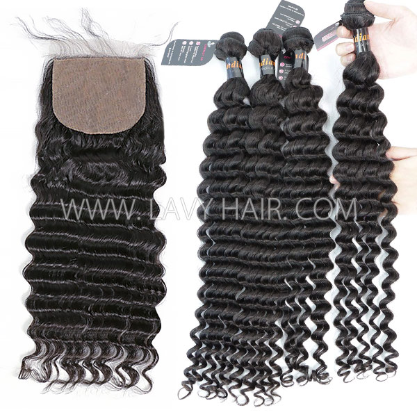 Superior Grade mix 3 bundles with silk base closure 4*4" Indian Deep wave Virgin Human hair extensions