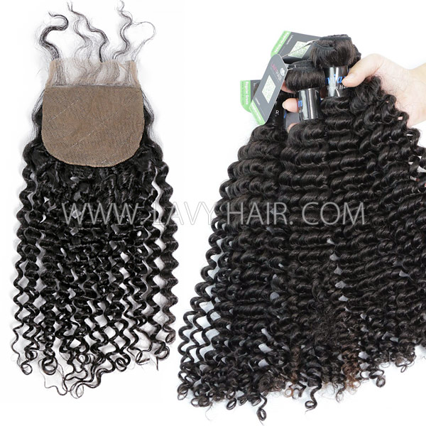 Regular Grade mix 3 bundles with silk base closure 4*4" Peruvian Deep Curly Virgin Human hair extensions