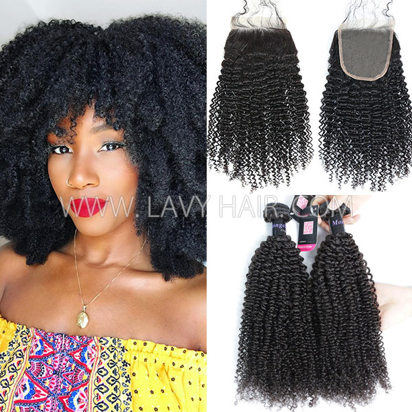 Superior Grade mix 3 bundles with lace closure Mongolian Kinky Curly Virgin Human hair extensions