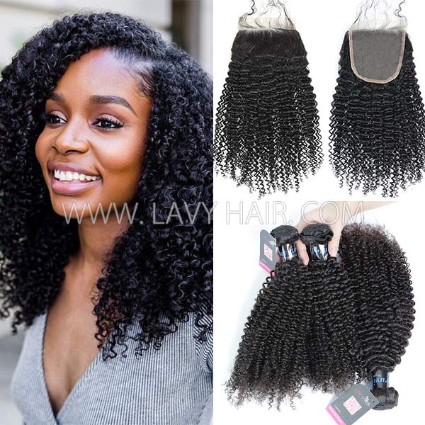 Superior Grade mix 3 bundles with lace closure Peruvian Kinky Curly Virgin Human hair extensions