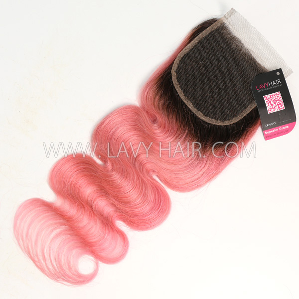 Lace top closure 4*4" body wave #1B/Pink Human hair medium brown Swiss lace