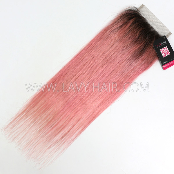 #1B/Pink Color Lace top closure 4*4" Straight and Body Wave  Human hair medium brown Swiss lace