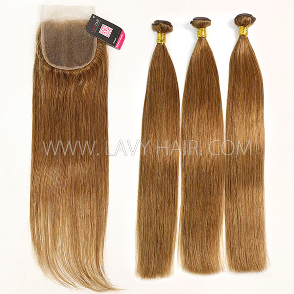Color 8 Straight Hair Human Virgin Hair 2/3 Bundles With Lace Closure 4*4
