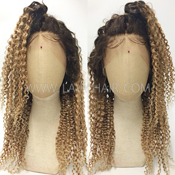 Color T4/27 Lace Frontal Wigs 130% Density Deep Curly Human Hair
