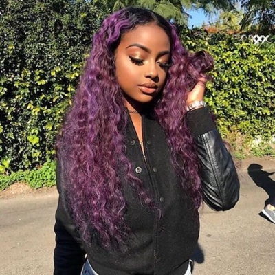 Glueless Wig 1B/Purple Color 150% Density Curly Human Hair Wig 3-4 Days Customize 150lfw-09