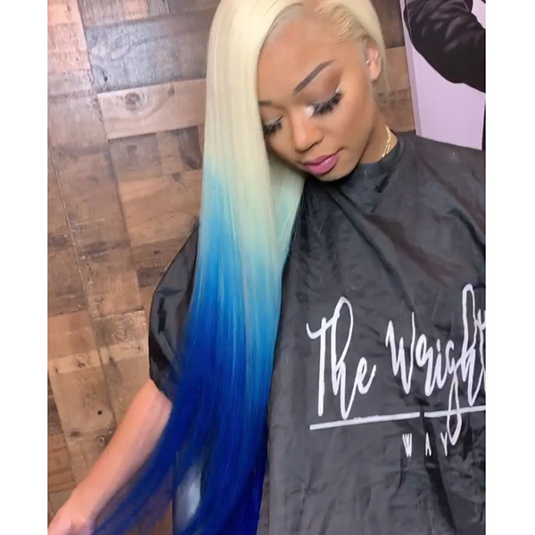 Glueless Wig Blonde and Gentian Blue Ombre Color 150% Density Straight Hair Human Hair Wig  3-4 Days Customize 613lfw-25