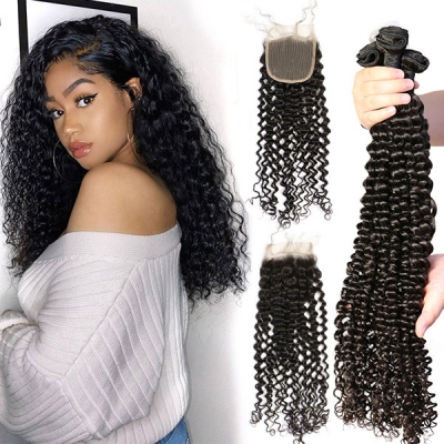 Superior Grade 3 bundles with 4*4 5*5 lace closure Deal Deep Curly Transparent /HD Lace Virgin Human hair Brazilian Peruvian Malaysian Indian
